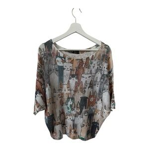 Bella Amore Cat Pattern Knit Short Sleeve Sweater - Size Medium